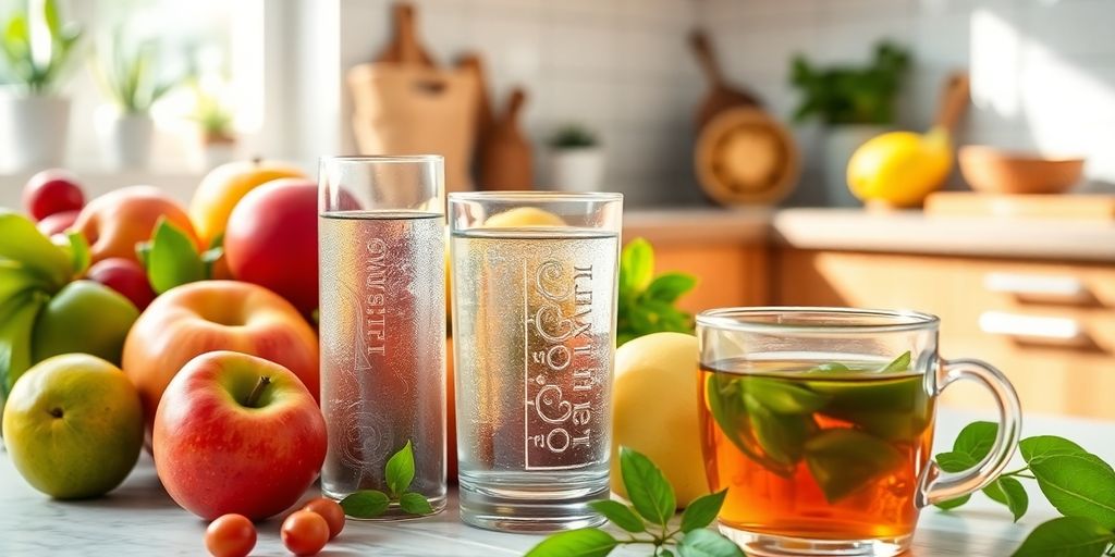 Healthy foods and water on a kitchen counter.