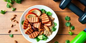 Healthy meal and fitness items for hormone balance.