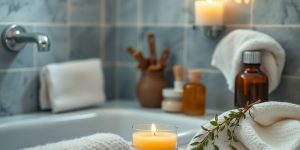 A calm bathroom scene with soothing herbal remedies.