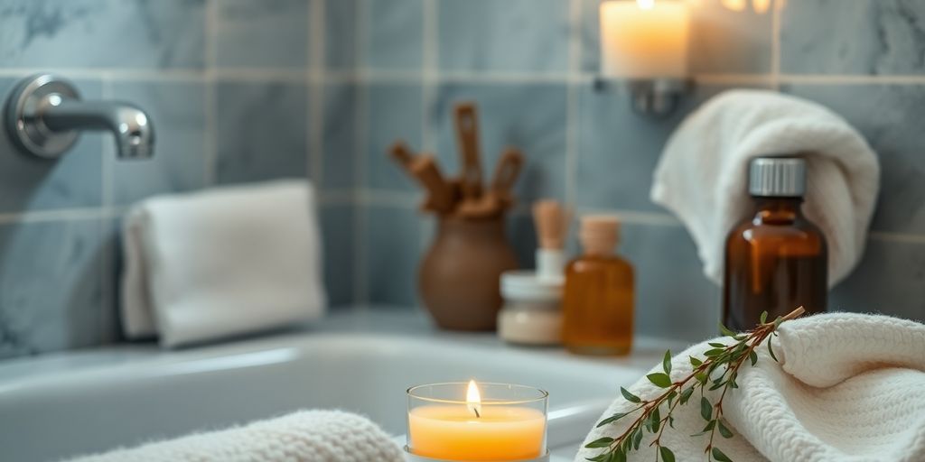 A calm bathroom scene with soothing herbal remedies.