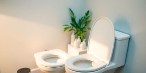 Calm bathroom scene with a toilet and toiletries.