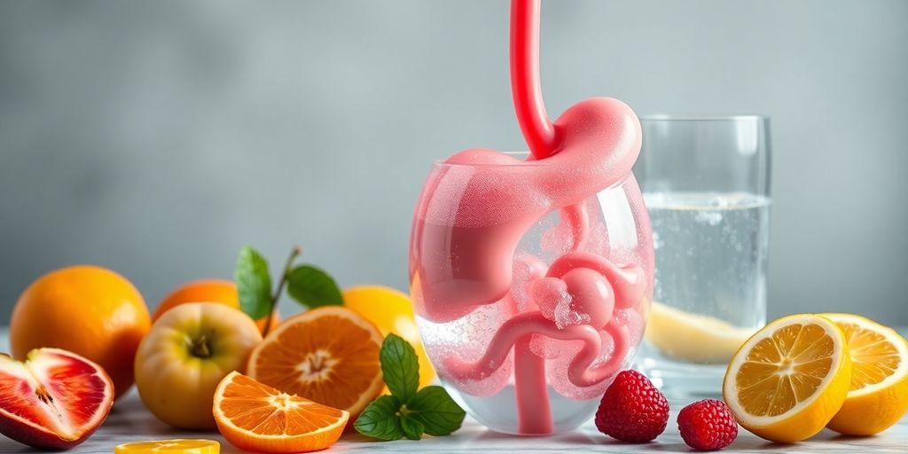 Healthy bladder model with water and fruits for hydration.