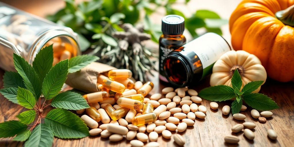 Natural supplements for prostate health on a wooden surface.